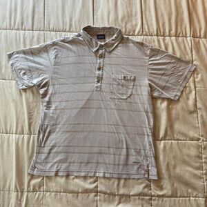Men’s Tan Patagonia organic cotton short sleeve striped polo shirt